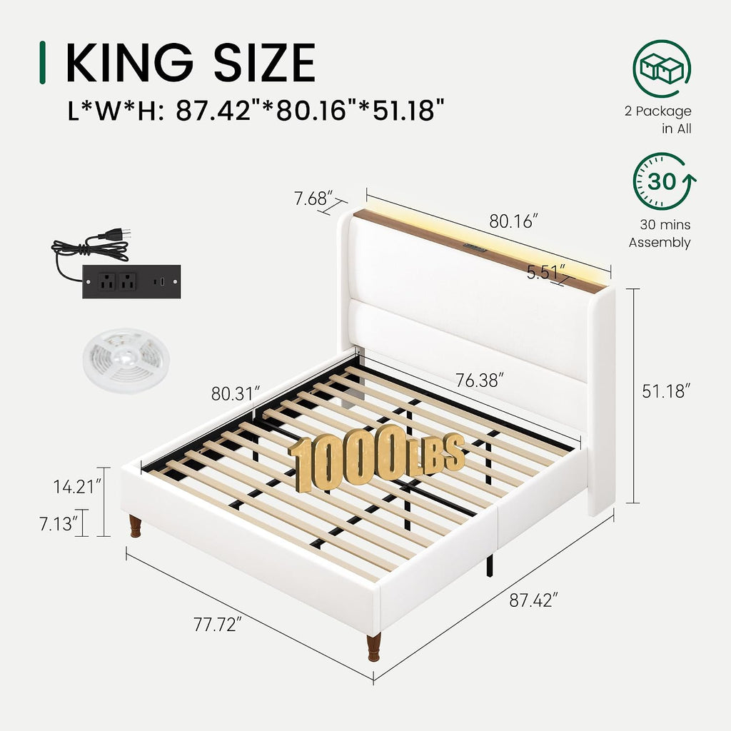 LARMACE King Size Bed Frame with LED Lights and Charging Station Linen Upholstered Platform Bed Frame with 51.2' Tall Wingback Headboard and Storage Shelf, No Box Spring Needed, Easy Assembly, Cream