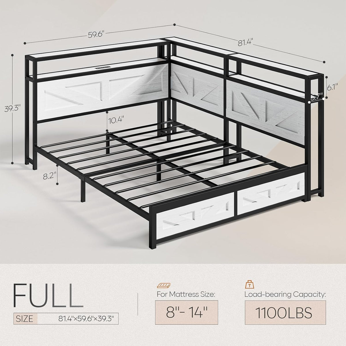 CIKUNASI Corner Full Size Bed Frame with Headboard and Storage Farmhouse Daybed Frame with LED Lights and Charging Station Metal Platform Bed Frame Full Size for Kids Corner Bed