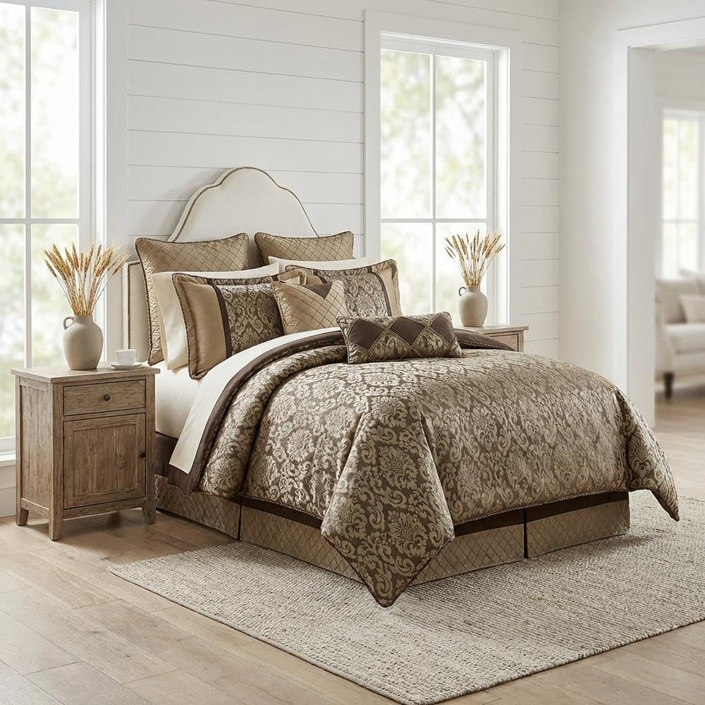 Michael Amini Imperial Brown Comforter Set 10-Piece with 100% Polyester Jacquard, Cotton-Polyester Back, King Size Bedding Ensemble, Durable Soft Fabric, Stylish Warmth and Comfort