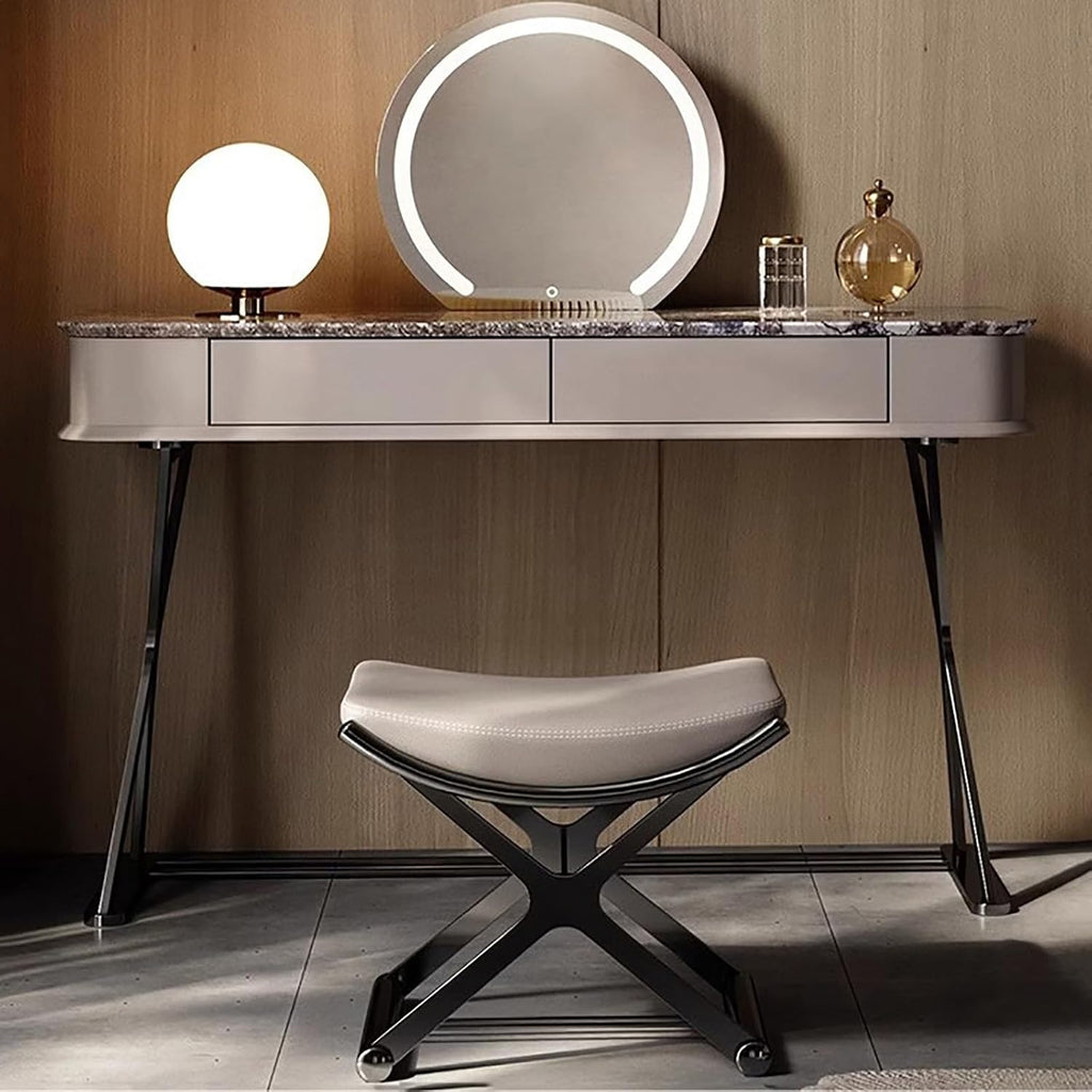 Luxury Vanity Stool with Metal X Legs,Faux Leather Ottoman Stool,Small Padded Vanity Bench Foot Rest for Makeup Room, Living Room, Bathroom(45x38x45cm(18x15x18inch), Black)