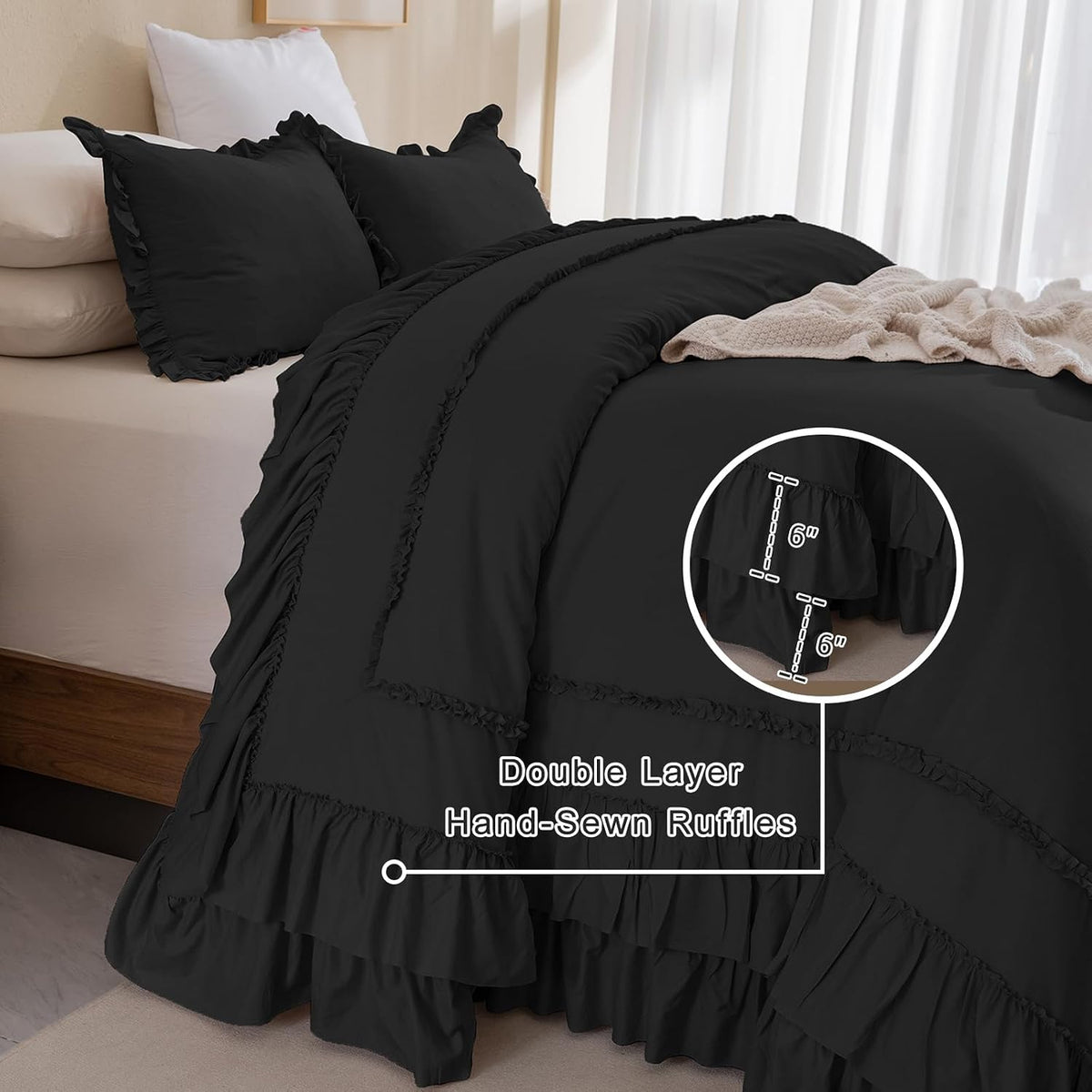 QSH 3PCs Black Ruffled Oversized King Comforter 120x120,Farmhouse Shabby French Country Chic Ruffle Bed Comforter Set Boho Lightweight Ultra Soft Microfiber California King Comforter with Pillowcases