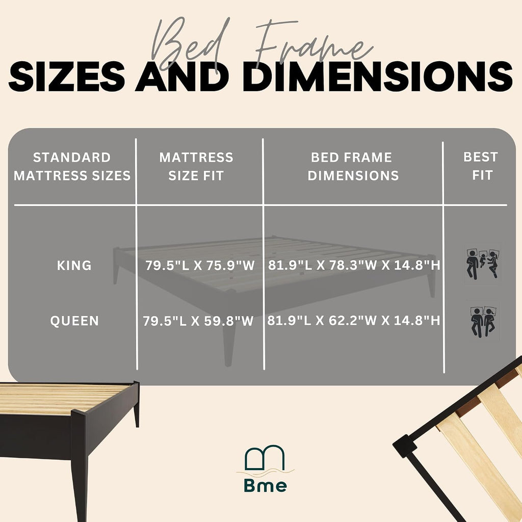 Bme Dinkee Queen Platform Bed Frame Wood 15 Inch - Solid Wood Bed Frame - Modern & Minimalist Style - 12 Strong Wood Slat Support - Easy Assembly - No Box Spring Needed - Black