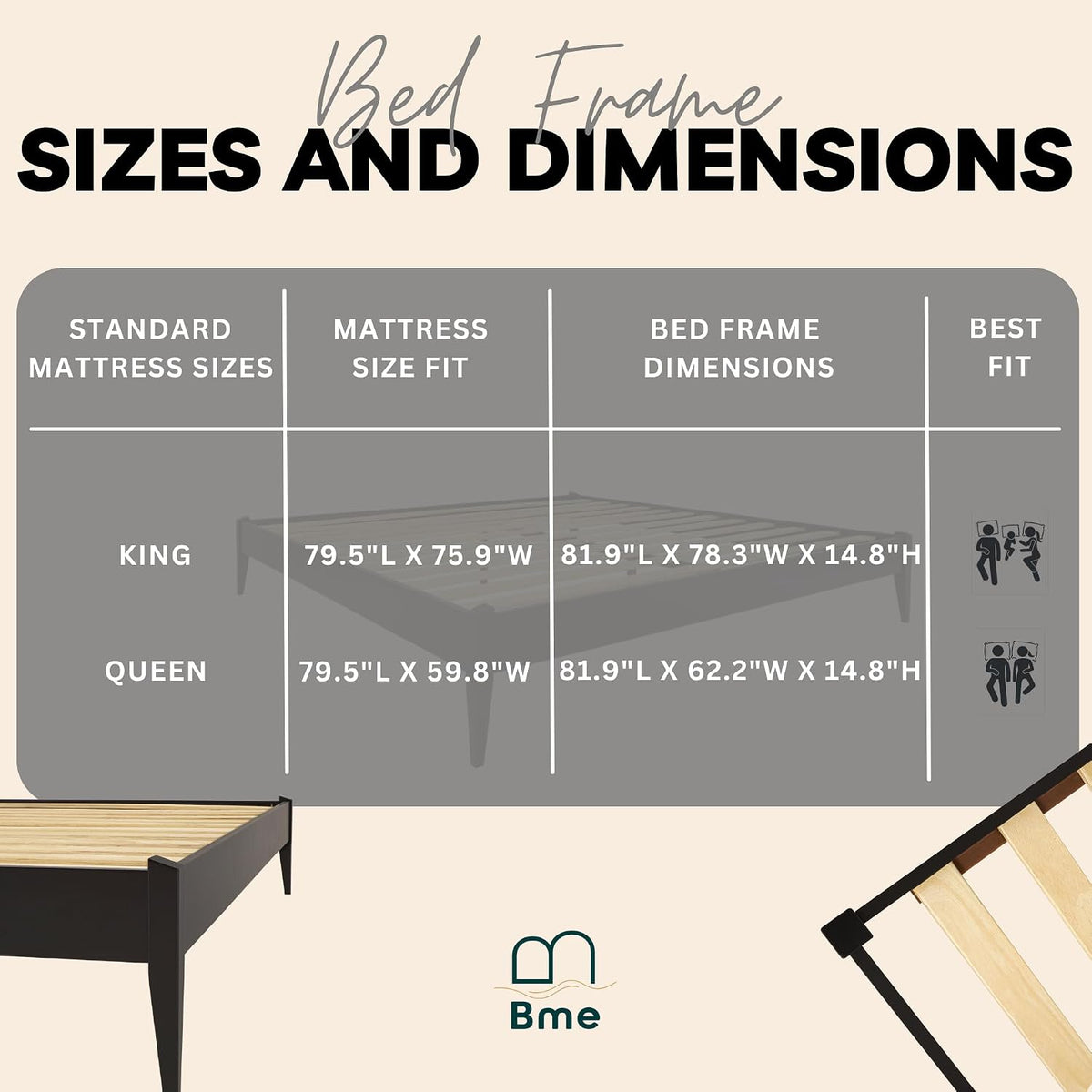 Bme Dinkee Queen Platform Bed Frame Wood 15 Inch - Solid Wood Bed Frame - Modern & Minimalist Style - 12 Strong Wood Slat Support - Easy Assembly - No Box Spring Needed - Black