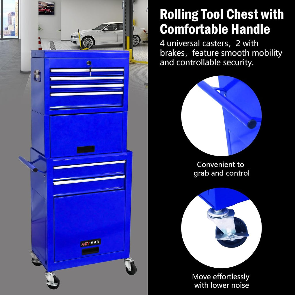 6-Drawer Tool Chest, 3-in-1 Rolling Tool Box with Detachable Top Toolbox & Key Lock,Tool Cabinet with Protective Liner & Universal Lockable Wheels,Metal Storage Cart for Garage,Workshop (Blue)