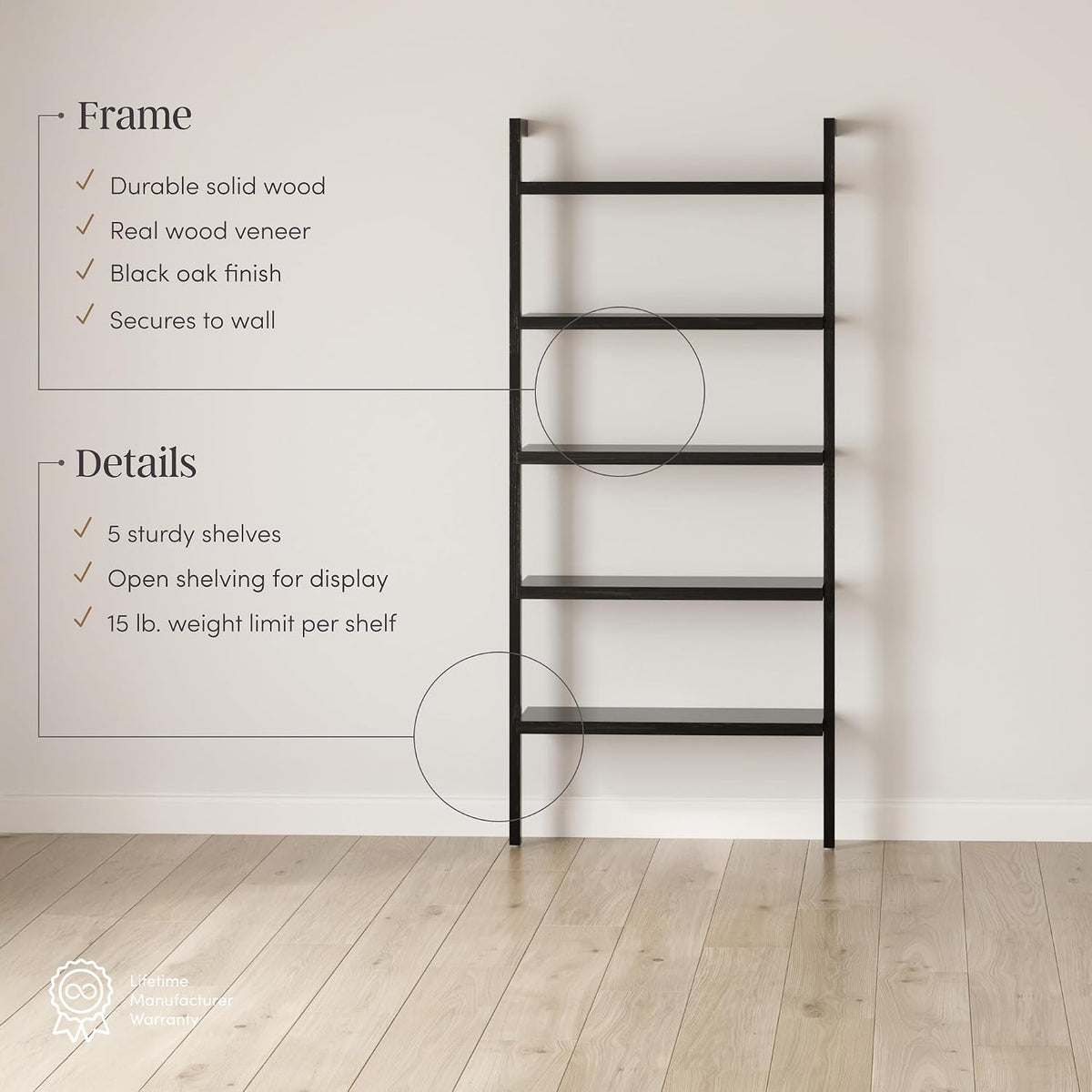 Nathan James Beacon Bohemian 5 Tier Bookshelf, Wall Mounted Bookcase, Solid Wood Bookshelf in Black Oak, Set of 4
