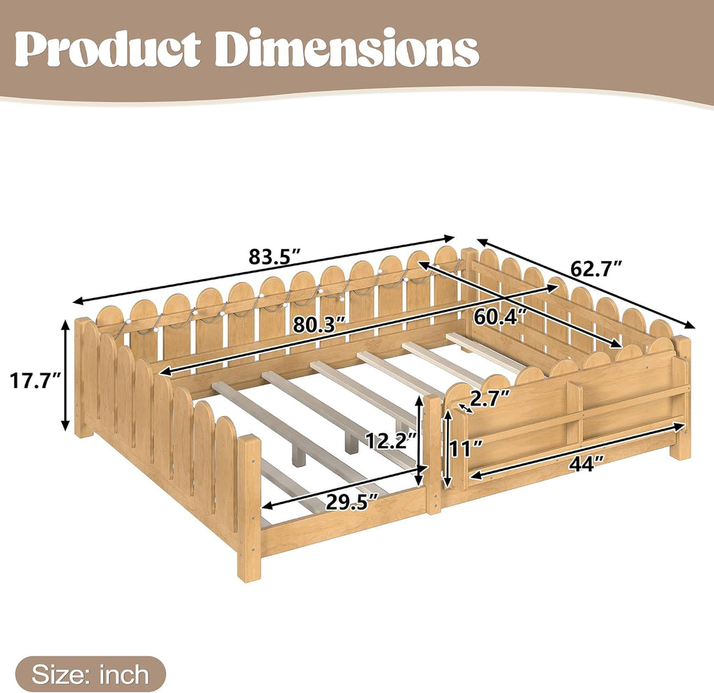 Bellemave Queen Size Floor Bed with Rails and Slats, Queen Size Montessori Floor Bed with Bookshelf, Fence and Lights, Low Profile Montessori Beds Frame for Girls, Boys, Light Natural