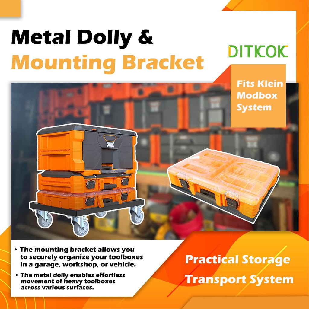 Metal Mounting Plate & Heavy-Duty Dolly with 4 Casters (2 Swivel, 2 Locking) for Klein MODbox Storage System, Powder-Coated Toolbox Base, Fits Full-Width & Half-Width Modular Boxes