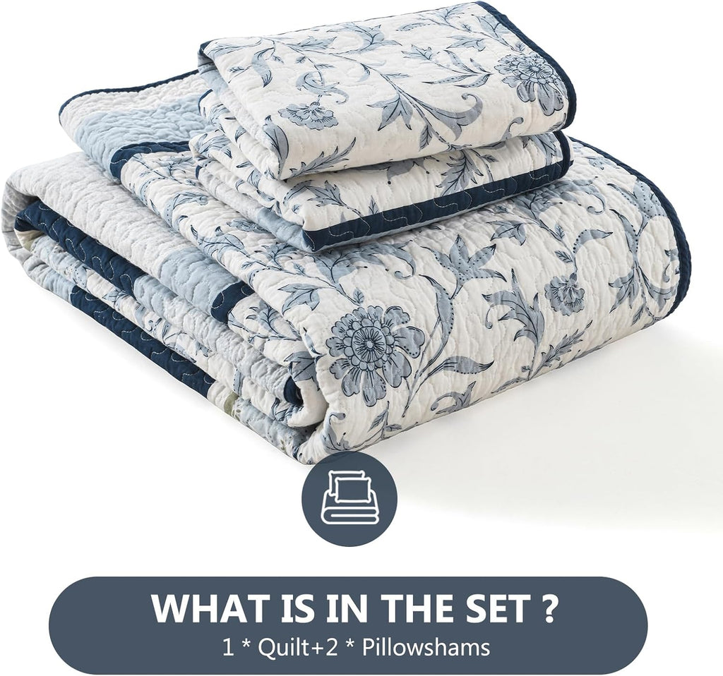 100% Cotton Quilt Set King Size, King Quilt, Patchwork Striped Botanical Quilted Bedspread Lightweight Comforter for King Bed, 3pcs, Navy/Light-Blue/White