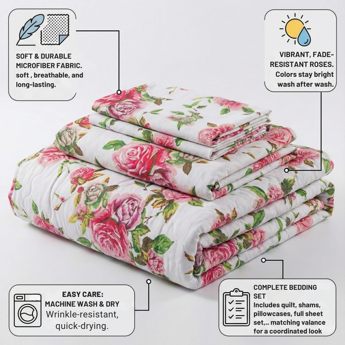 DaDalogy Bedding 10-Pieces Floral Bed in a Bag Set - Romantic Roses Lovely Blooming Pink Bedspread Fitted & Flat Sheets Set w/Throw Euro Sham Pillow Covers & Window Curtain Valance - Twin Size