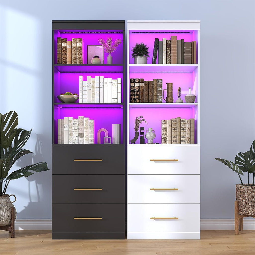 Winkalon 71'H White Bookshelf with LED Light, Bookcase and Bookshelf with Drawers, Tall Bookcase Tall Storage Cabinet 3-Tier Open Shelves for Home Office Living Room Hallway, 13.8'D x 23.6'W x 70.9'H