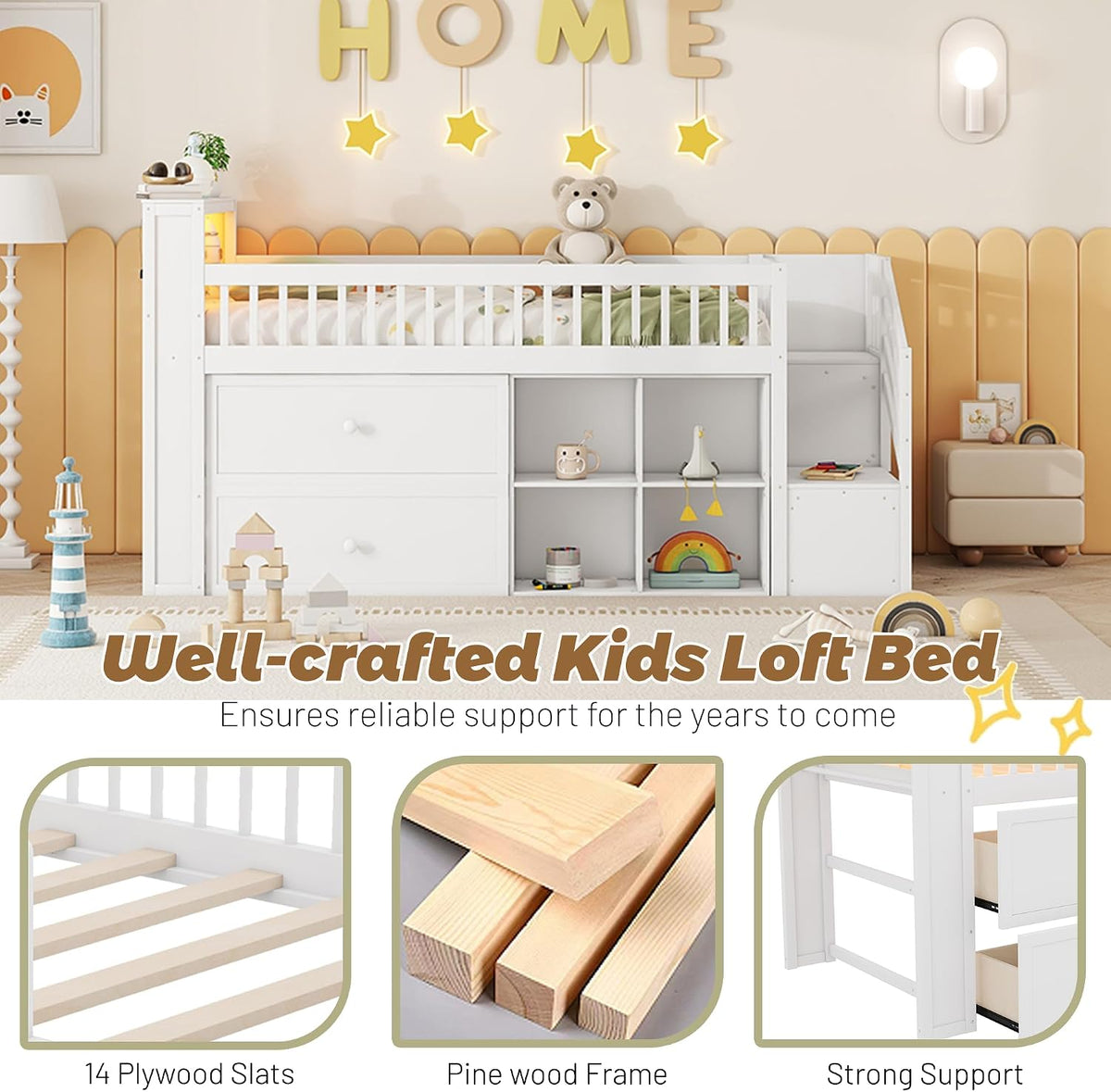 Low Loft Bed with LED Lights and Bookshelf, Wooden Kids Loft Bed with Stairs and Safety Guardrail, Low Loft Bed Twin with 2 Storage Drawers and Shelves for Girls Boys ,No Box Spring Needed, White