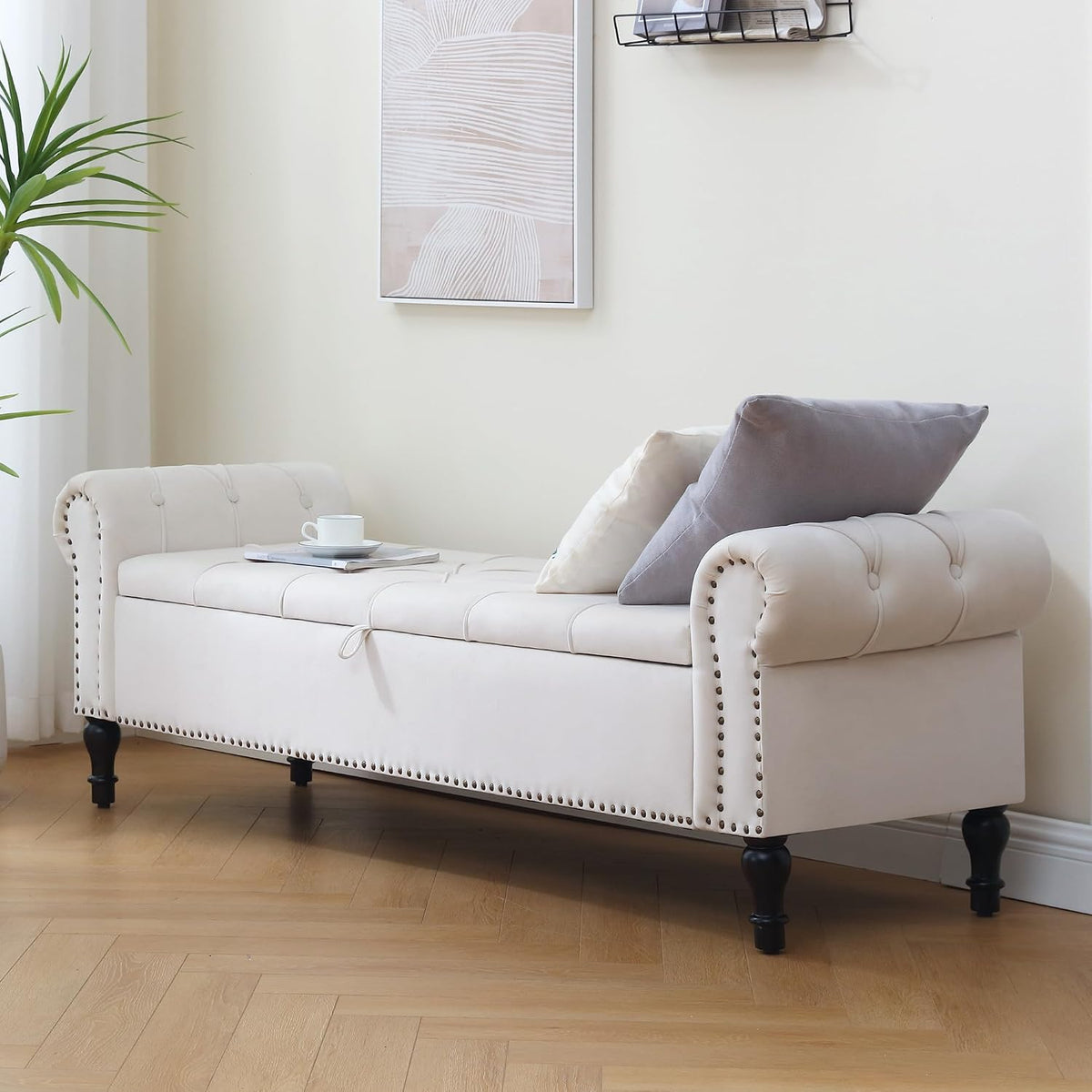 Velvet Storage Bench 67 Inch Upholstered Tufted Ottoman Bench with Arms Large Storage Space King Size End of Bed Benches for Bedroom Living Room Entryway Beige