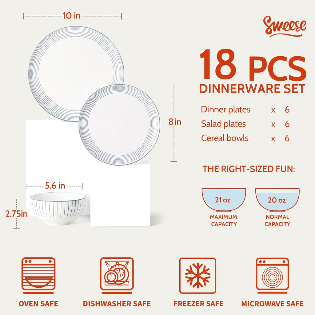Sweese Lightweight Dinnerware Sets, Plates and Bowls Set for 6, 18 Pieces Stripe Dishes - Chip and Scratch Resistant, Microwave and Dishwasher Safe Porcelain Dinner Sets, Blue