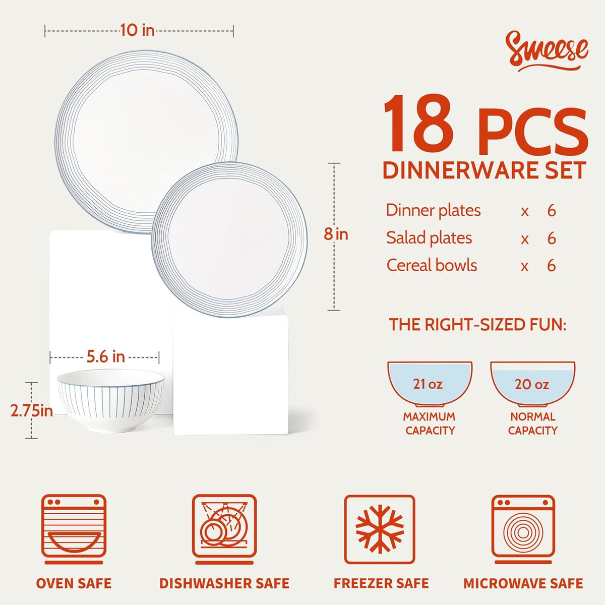 Sweese Lightweight Dinnerware Sets, Plates and Bowls Set for 6, 18 Pieces Stripe Dishes - Chip and Scratch Resistant, Microwave and Dishwasher Safe Porcelain Dinner Sets, Blue