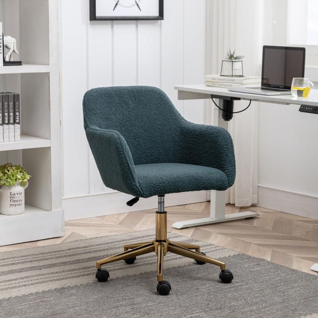 Hassyee Modern Teddy Fabric Material Adjustable Height 360 Revolving Home Office Chair with Gold Metal Legs and Universal Wheel for Indoor (Green)