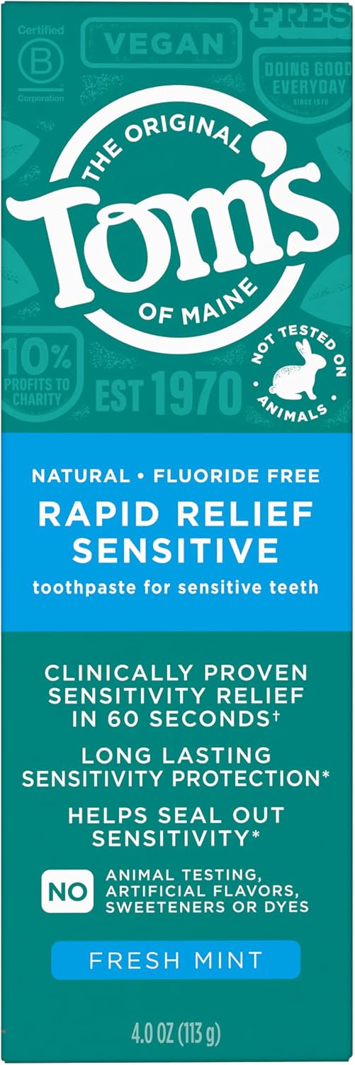 Tom's of Maine Fluoride-Free Rapid Relief Sensitive Toothpaste,Fresh Mint,4 oz. (Packaging May Vary), (Pack of 24)