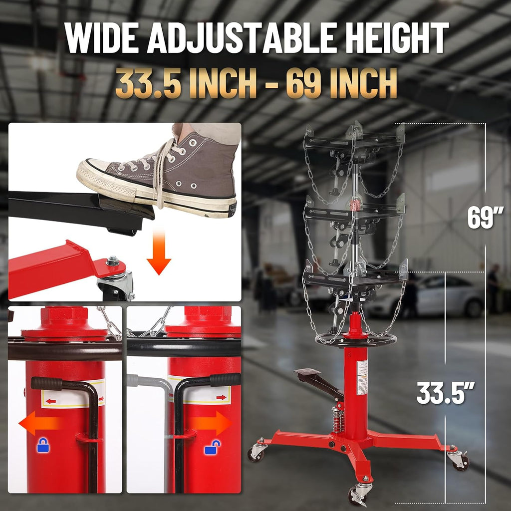 1322Lb Heavy Duty Transmission Jack, 33.5'-69' High Lift Hydraulic Telescoping Transmission Jack, 2-Stage Telescopic Transmission Stand with Foot Pedal & 360° Swivel Wheel, Red