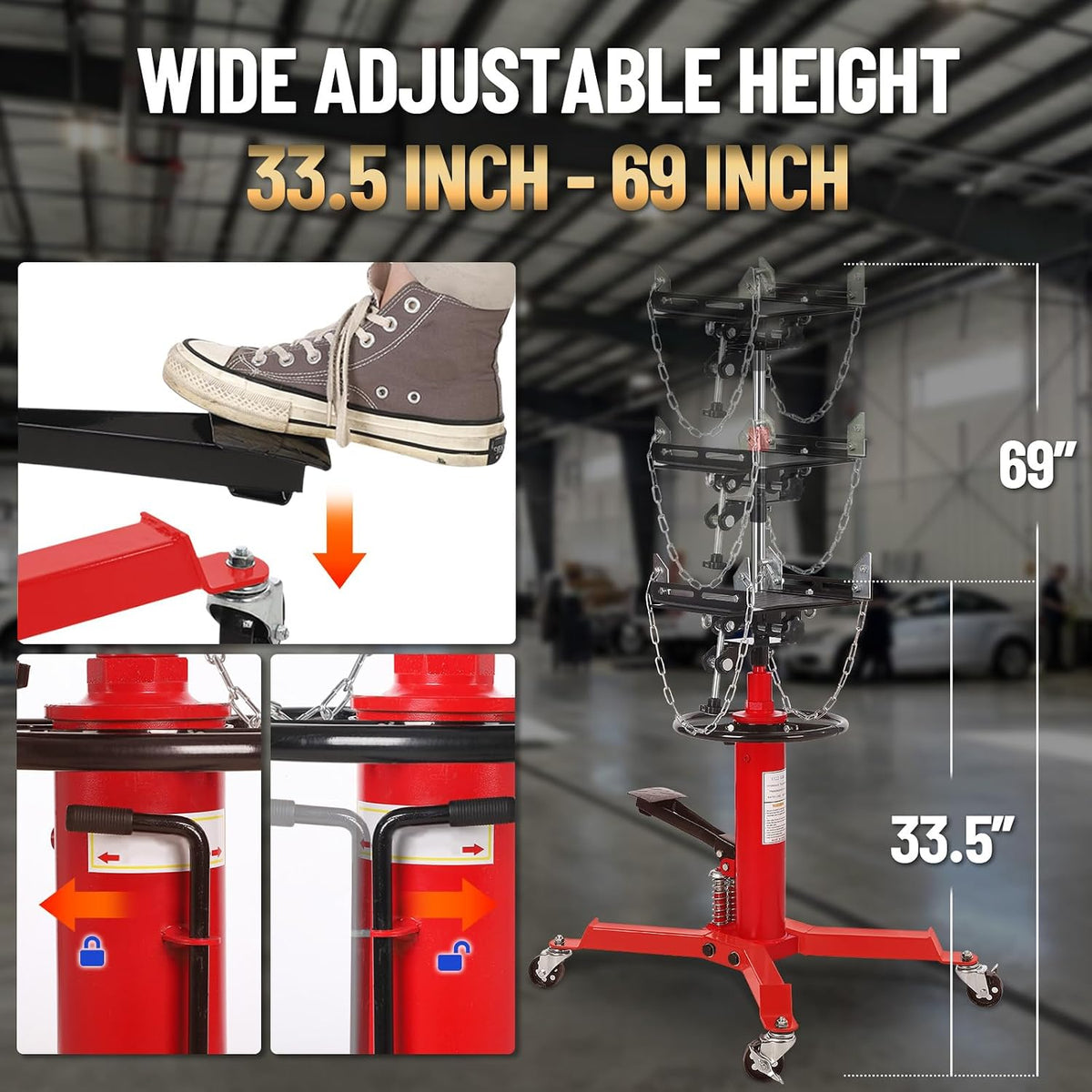 1322Lb Heavy Duty Transmission Jack, 33.5'-69' High Lift Hydraulic Telescoping Transmission Jack, 2-Stage Telescopic Transmission Stand with Foot Pedal & 360° Swivel Wheel, Red