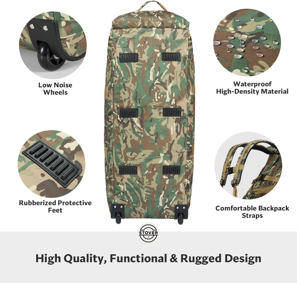 STOVER 45/80/100L Rolling Duffel Bag with Wheels, X-Large Durable Travel Duffle + Toiletry Bag, Heavy Duty, Packable with Shoulder Straps- Use as Luggage or Backpack (Camouflage)