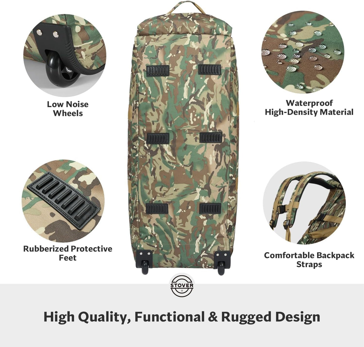 STOVER 45/80/100L Rolling Duffel Bag with Wheels, X-Large Durable Travel Duffle + Toiletry Bag, Heavy Duty, Packable with Shoulder Straps- Use as Luggage or Backpack (Camouflage)