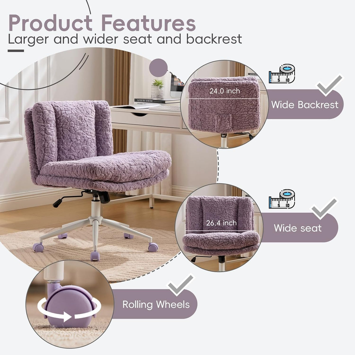 Upgraded Plush Faux Fur Criss Cross Office Vanity & Desk Chair with White Metal Base – Extra-Wide Seat & Tilt Backrest, Adjustable Swivel Makeup Chair for Bedroom, Study & Home Office, Lavender