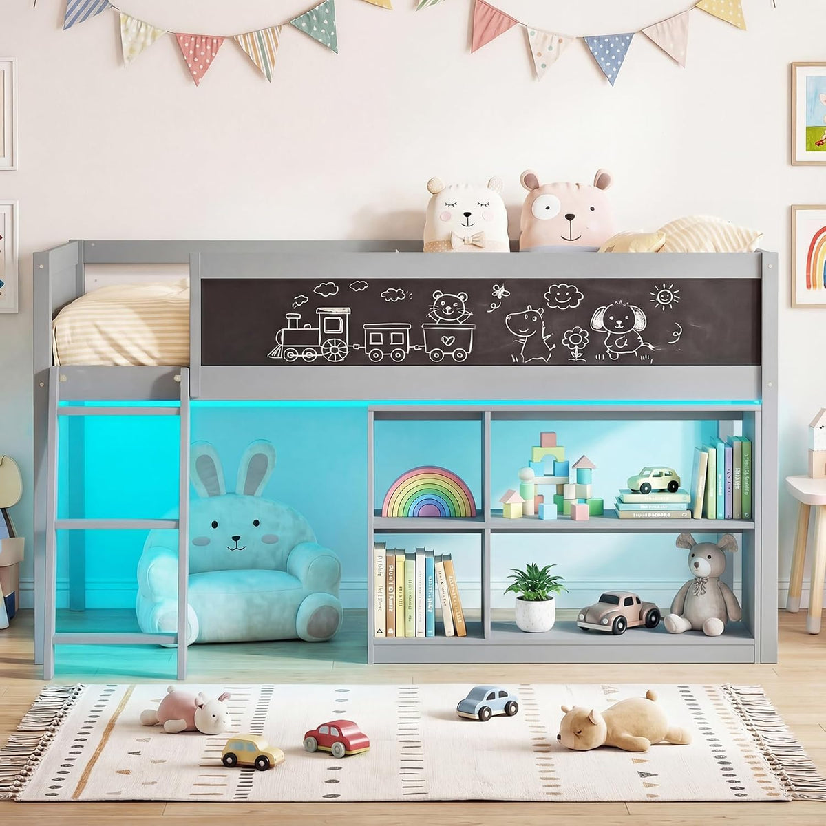 Giantex Low Loft Bed with LED Lights, Twin Size Bed Frames for Kids w/Chalkboard, Removable Bookcase & Under-Bed Storage Space, Wood Loft Beds with Stairs, Safety Guardrail for Girls Boys (Grey)
