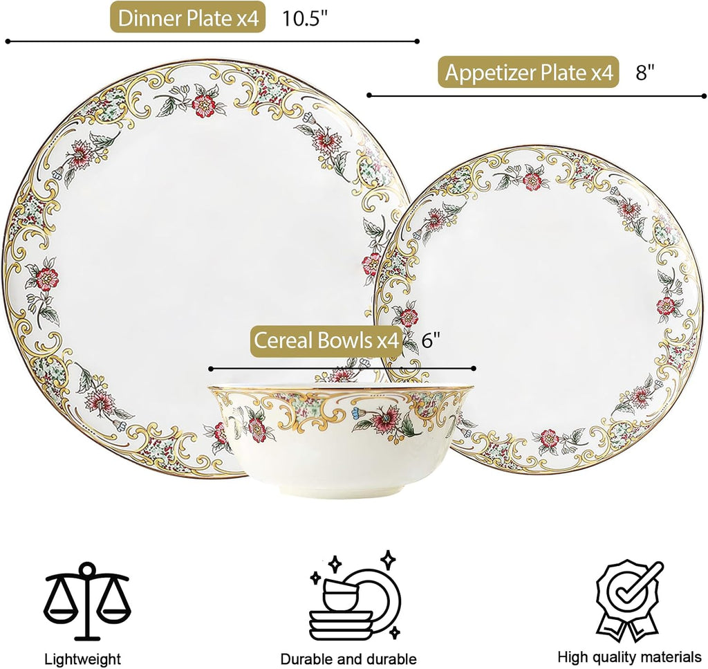 ACMLIFE Bone China Dinnerware Set for 4, 12-Piece Vintage Floral Dinnerware Set, Kitchen Plates and Bowls Set, Christmas Gifts for Women (White)