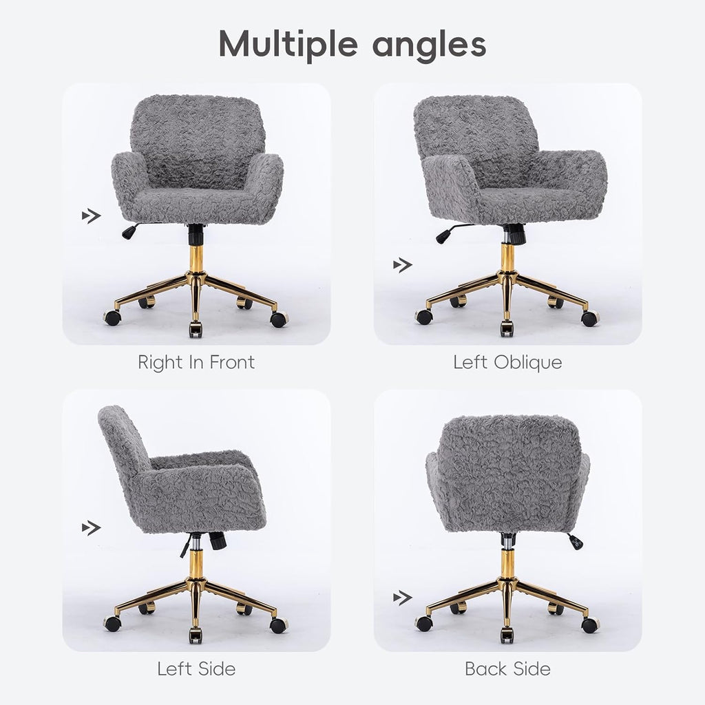 Plush Faux Fur Desk & Vanity Chair with Gold Base – Comfy Adjustable Girls Desk Chair, Makeup Chair, 360° Swivel, Tilt Backrest, Rolling Wheels – Modern Chic Home Office Seating,Grey