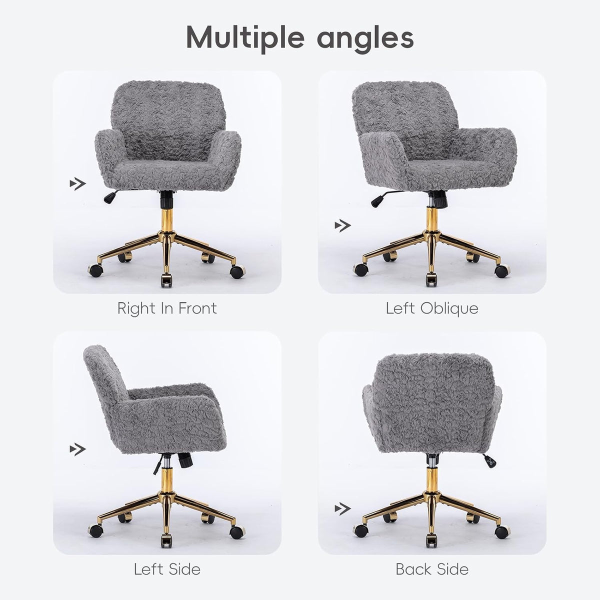 Plush Faux Fur Desk & Vanity Chair with Gold Base – Comfy Adjustable Girls Desk Chair, Makeup Chair, 360° Swivel, Tilt Backrest, Rolling Wheels – Modern Chic Home Office Seating,Grey