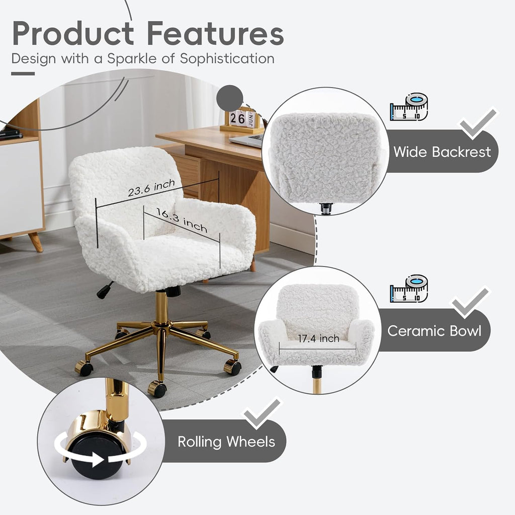 Plush Faux Fur Desk & Vanity Chair with Gold Base – Comfy Adjustable Girls Desk Chair, Makeup Chair, 360° Swivel, Tilt Backrest, Rolling Wheels – Modern Chic Home Office Seating,White