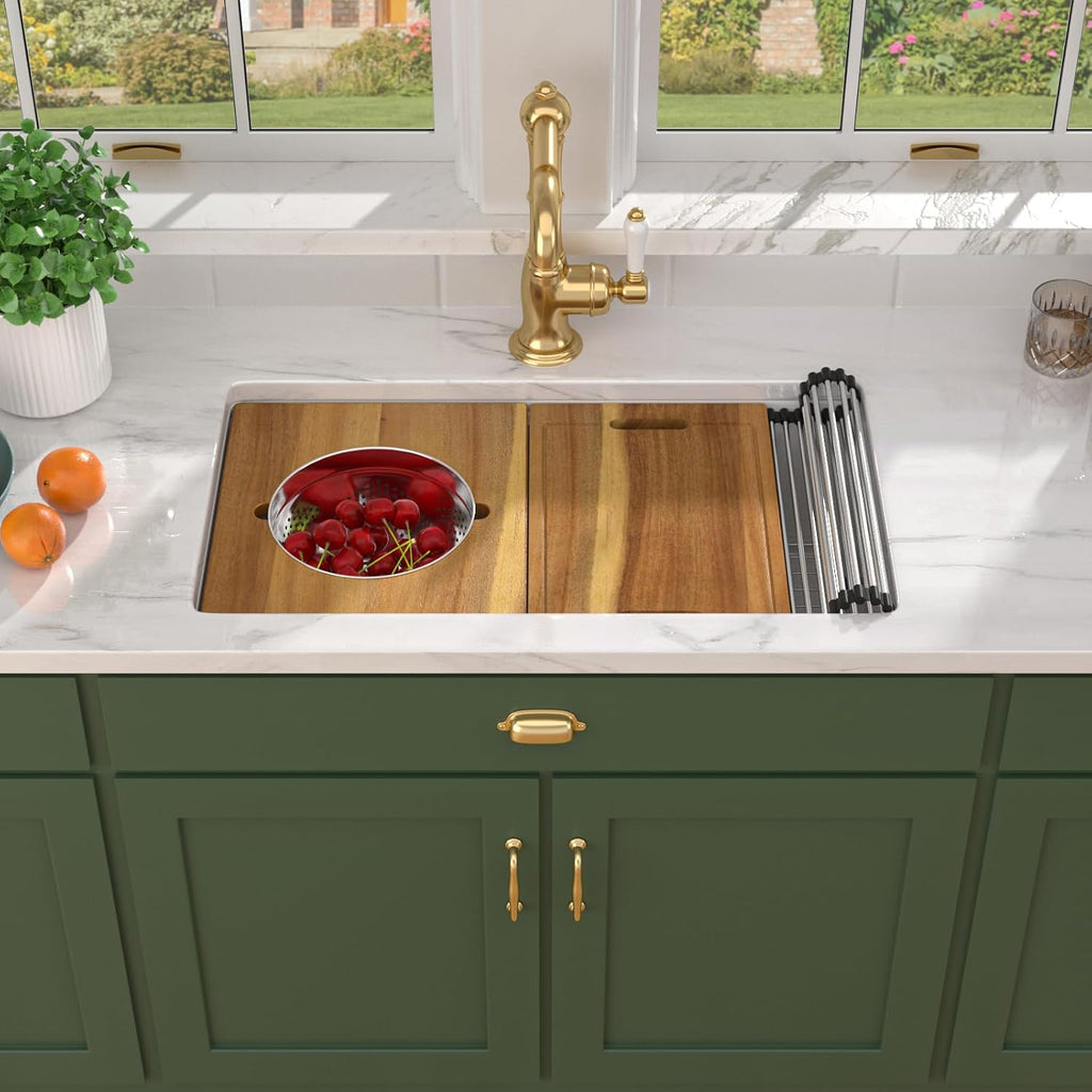 33x19 White Undermount Kitchen Sink, Glossy White Fireclay Single Bowl Workstation Sink, High Fired 2130°C Ceramic Porcelain with Cutting Board, Pasta Strainer & Mixing Bowl #TLAC-0076