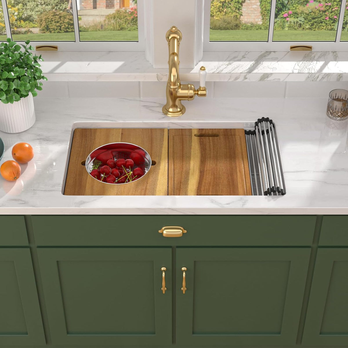 33x19 White Undermount Kitchen Sink, Glossy White Fireclay Single Bowl Workstation Sink, High Fired 2130°C Ceramic Porcelain with Cutting Board, Pasta Strainer & Mixing Bowl #TLAC-0076