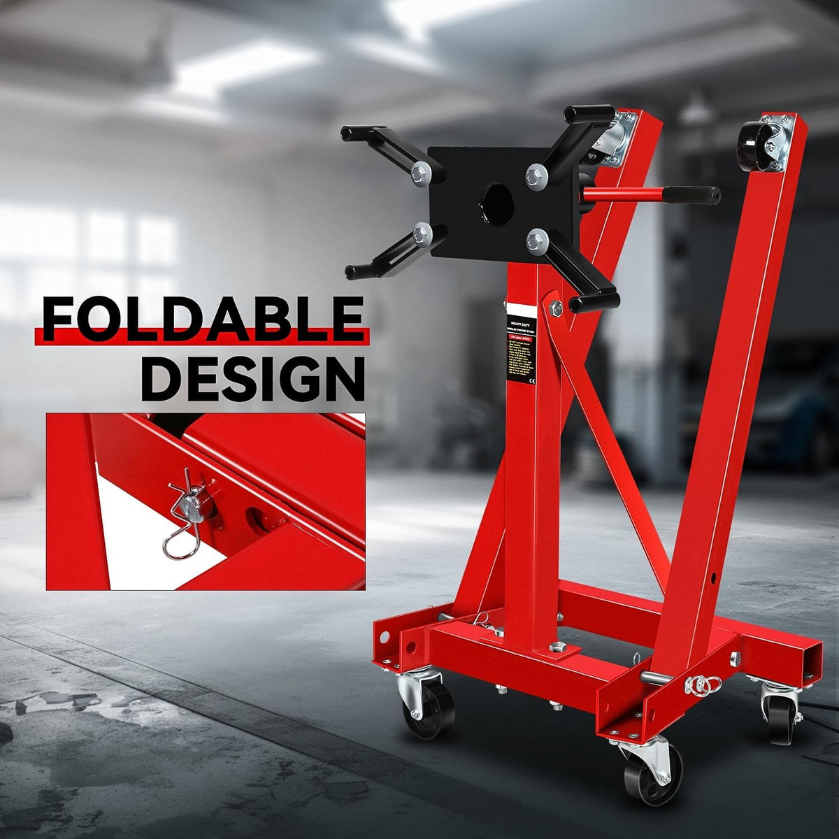 Auto Dynasty Foldable Engine Stand 2000Lb Capacity 360 Degree Adjustable Head Mobility with 4 Adjustable 6 Caster Wheels Arms for Garage, Auto Repair, Red