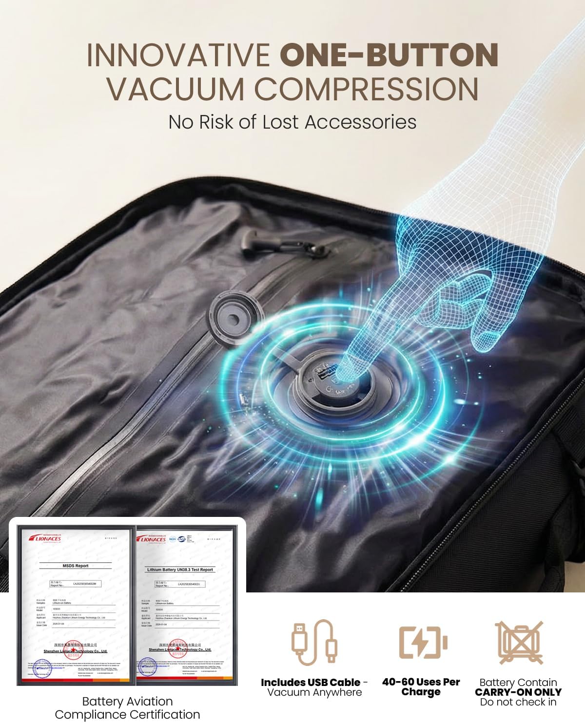 Fanwoli Rolling Vacuum Backpack Travel with One-Button Compression, 55L Expandable, Water Resistant Carry-On Suitcase Luggage, Ideal for Outdoor/Family/Trips