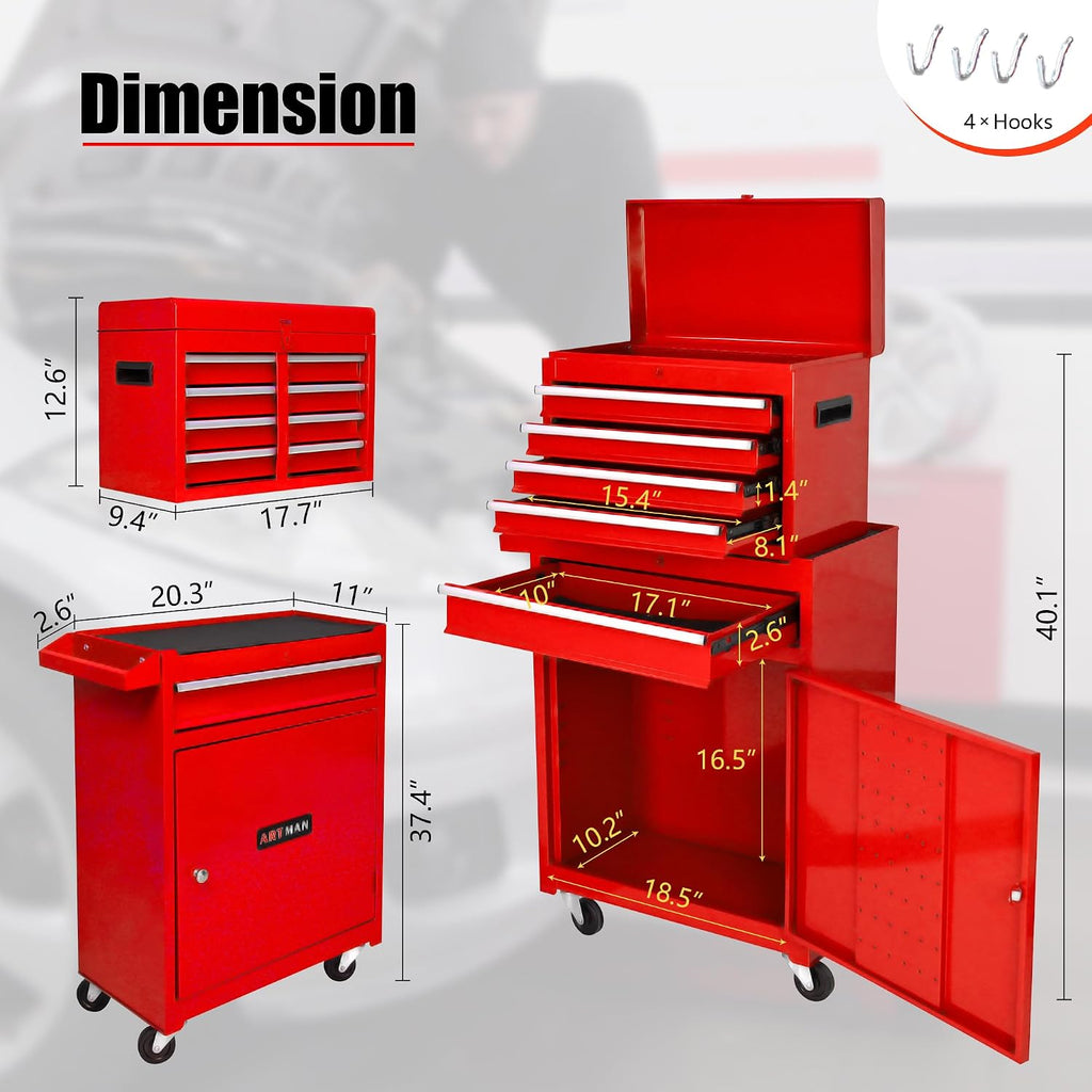 5-Drawer Tool Chest, Rolling Tool Box with Detachable Top Toolbox & Universal Wheels, Tool Cabinet with Lock Bar, Protective Liner & Tool Rack, Metal Storage Cart for Workshop,Garage (Red)