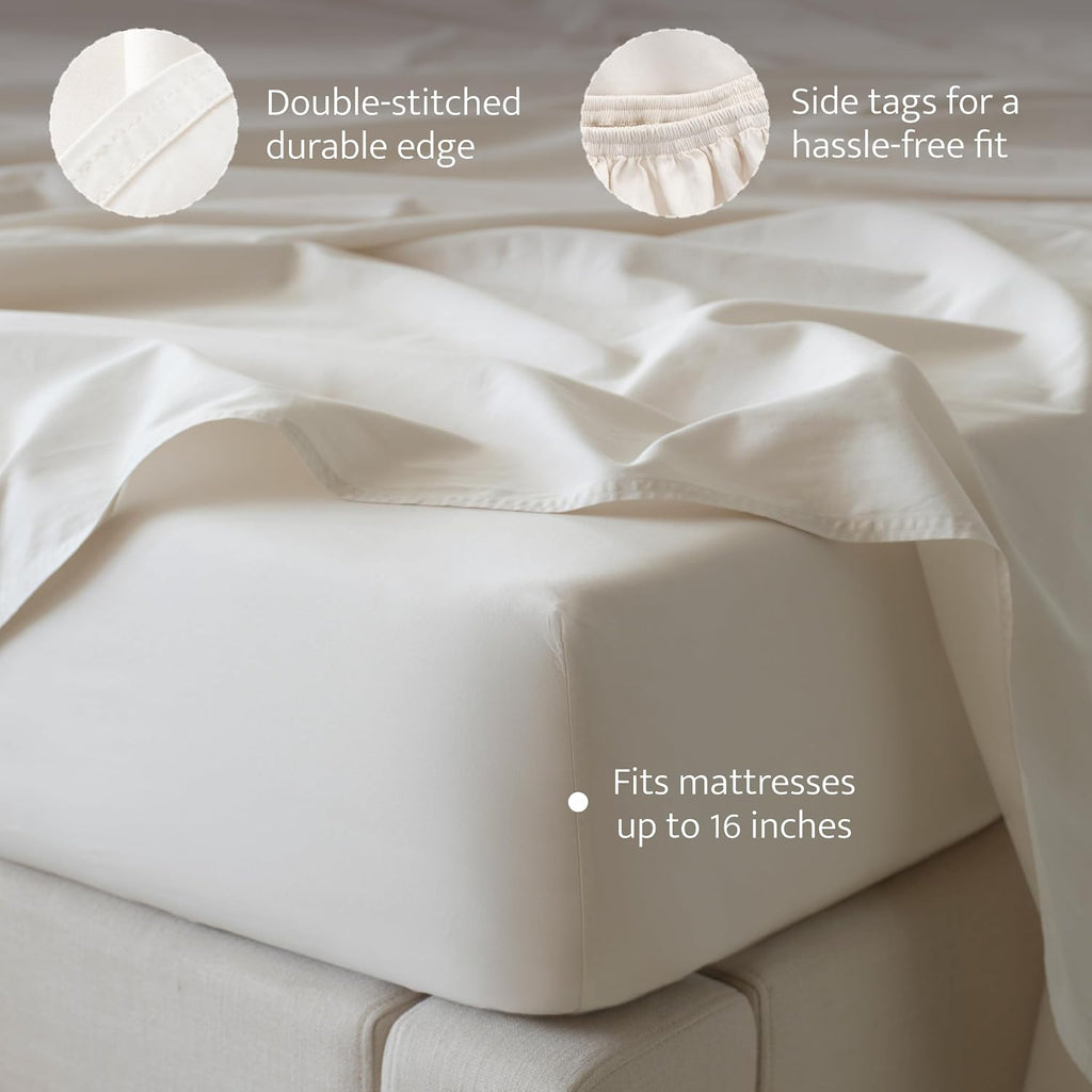 Double Stitch 100% Organic Cotton Sheets, King Size Sheets Set, GOTS Certified Long Staple Cotton Bedsheets, Luxury & Soft Hotel Bed Sheets with 16 inches Deep Pocket, Made in India Coconut Milk