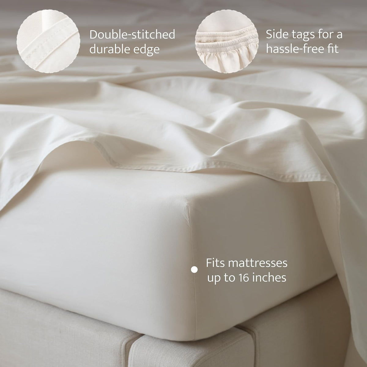 Double Stitch 100% Organic Cotton Sheets, King Size Sheets Set, GOTS Certified Long Staple Cotton Bedsheets, Luxury & Soft Hotel Bed Sheets with 16 inches Deep Pocket, Made in India Coconut Milk