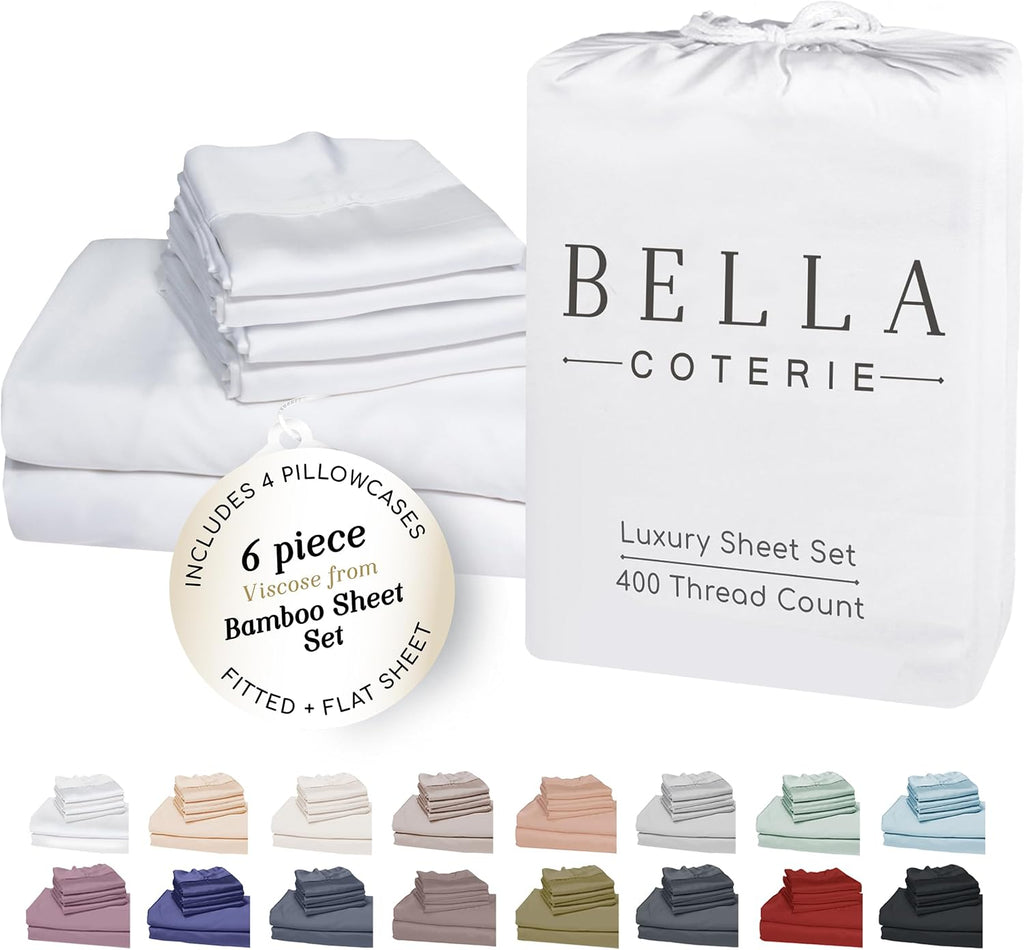 Bella Coterie 6 Piece Luxury Bamboo Viscose California King Size Sheet Set | 100% Organically Grown | Cooling for Hot Sleepers | 18' Deep Pocket | Soft & Hypoallergenic | 4 Pillowcases [White]
