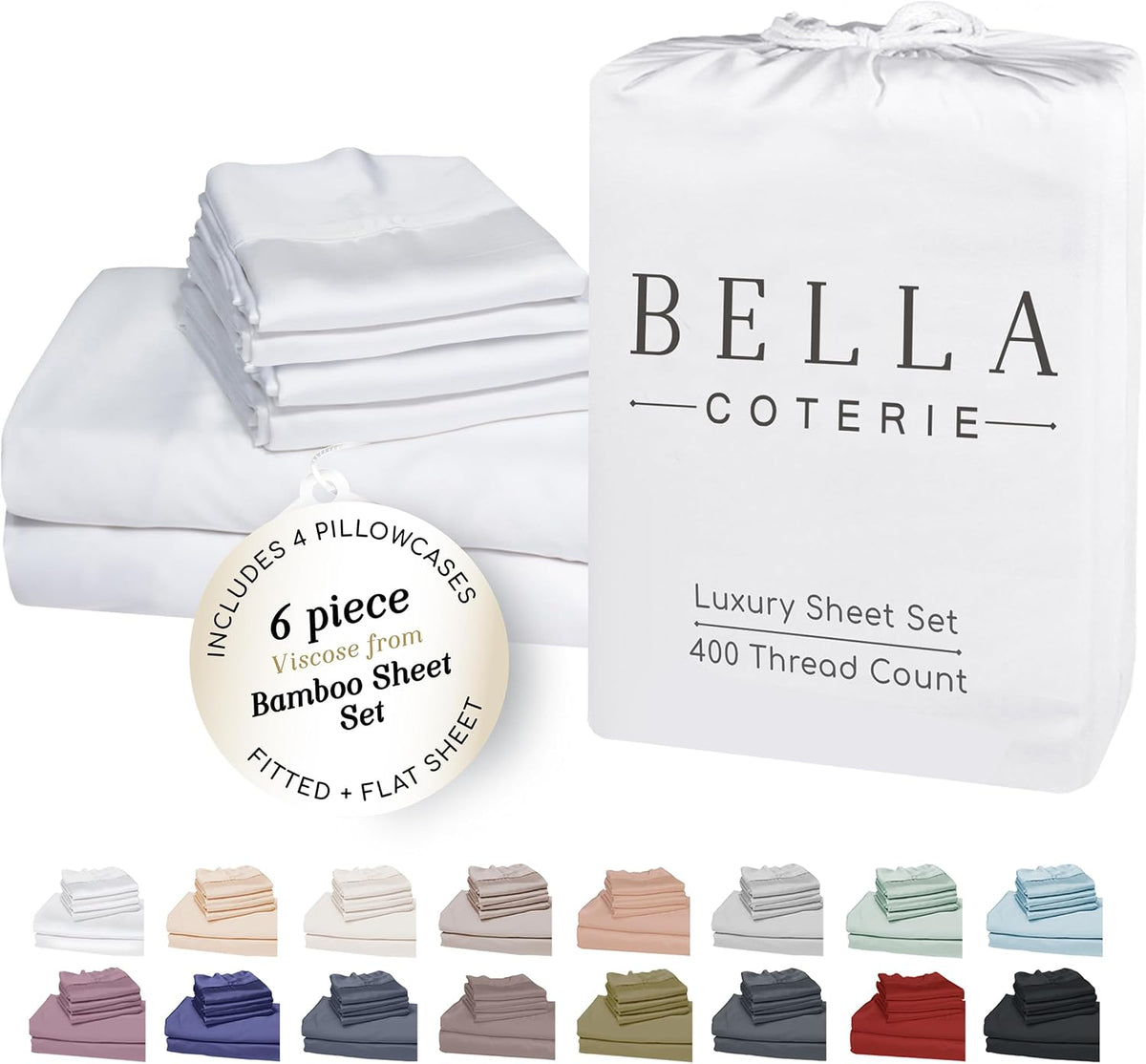 Bella Coterie 6 Piece Luxury Bamboo Viscose California King Size Sheet Set | 100% Organically Grown | Cooling for Hot Sleepers | 18' Deep Pocket | Soft & Hypoallergenic | 4 Pillowcases [White]