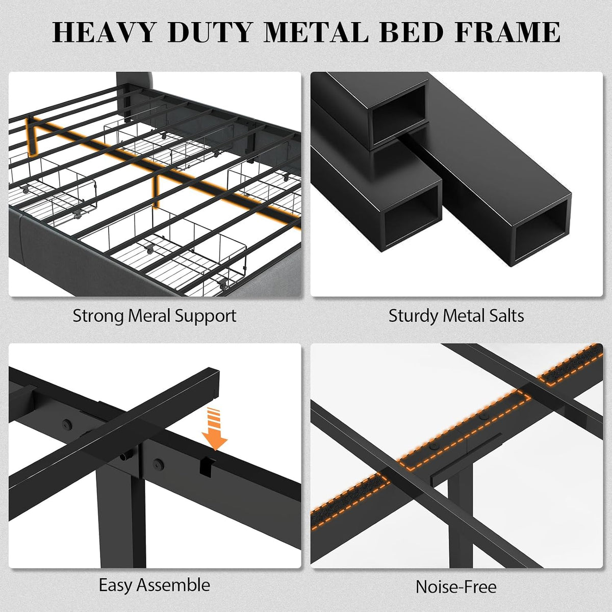 Doltoro King Size Bed Frame with 4 Storage Drawers and Headboard, Upholstered King Platform Bed with Charging Station and LED Lights, Noise-Free, No Box Spring Needed, Easy Assembly, Gray