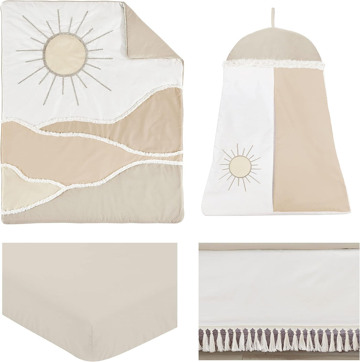 Sweet Jojo Designs Boho Desert Sun Taupe Nursery Baby Boy or Girl 4pc Crib Bedding Set Neutral Tan Beige Ivory Gold Cream Off White Bohemian Mountain Nature Outdoors Geometric Minimalist Sunshine