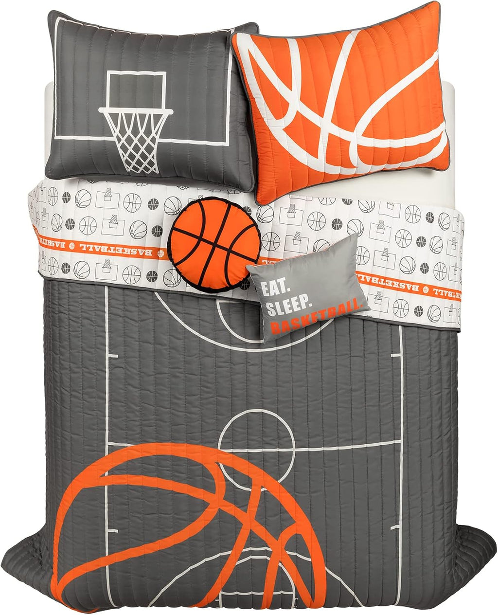 Lush Decor Basketball Game Reversible Oversized 5 Piece Quilt Set - Cozy & Soft Kids Sports Themed Bedding Set - Full/ Queen, Charcoal