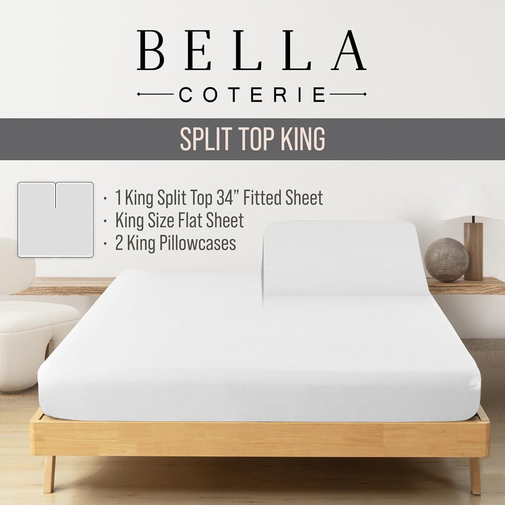 Bella Coterie Luxury Bamboo Viscose 34' Split Top King Size Sheet Set | 1 Fitted Sheet for Sleep Number & Adjustable Beds | 100% Organically Grown | Cooling & Soft | 18' Deep Pocket [White]