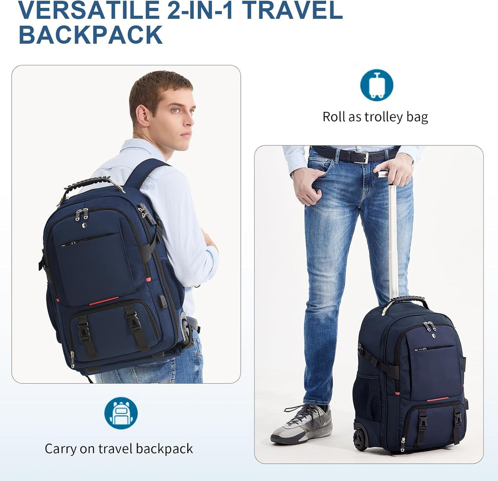 Backpack with wheels,rolling backpack with 2 Packing Cubes and compression bags,Laptop Compartment,Water Resistant Luggage suitcase,Air Travel,Weekend Trips (Blue)