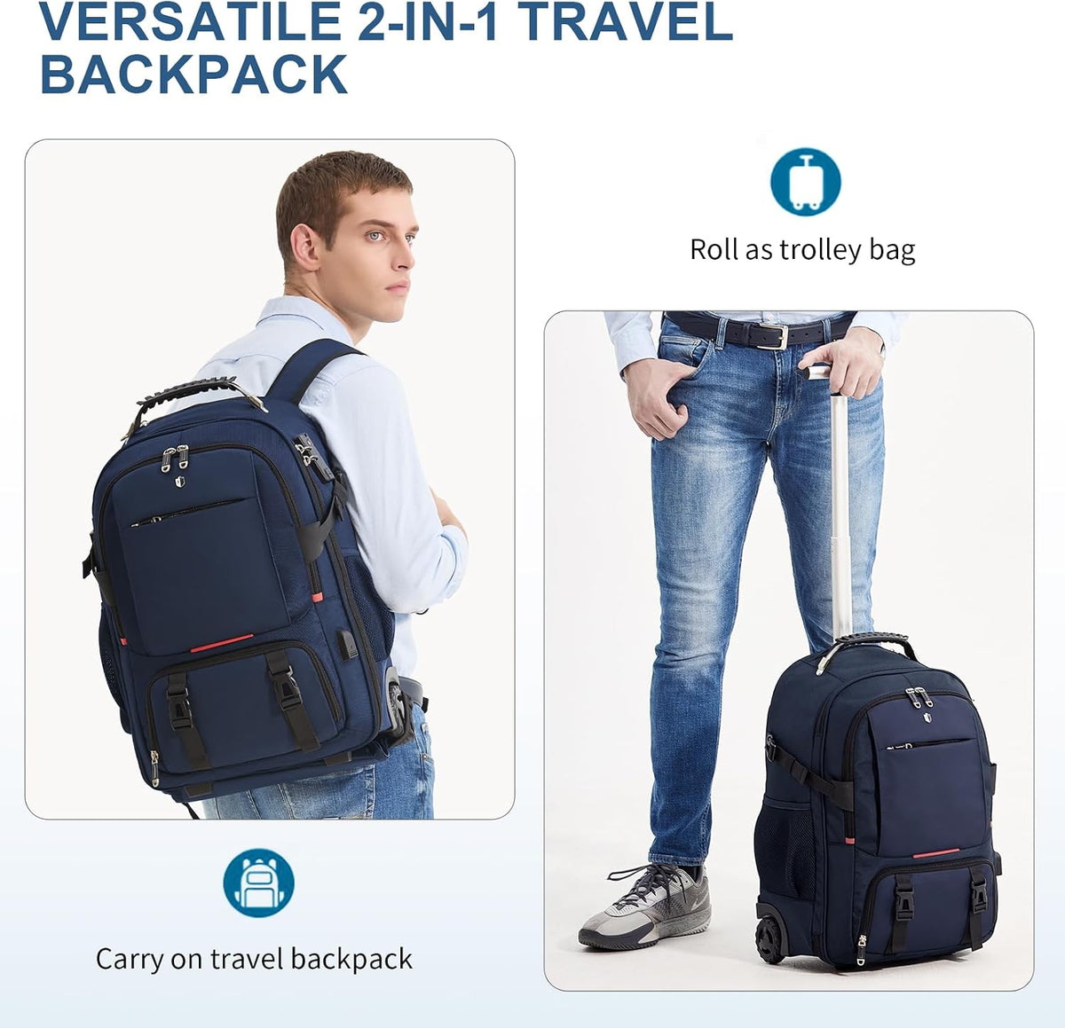 Backpack with wheels,rolling backpack with 2 Packing Cubes and compression bags,Laptop Compartment,Water Resistant Luggage suitcase,Air Travel,Weekend Trips (Blue)
