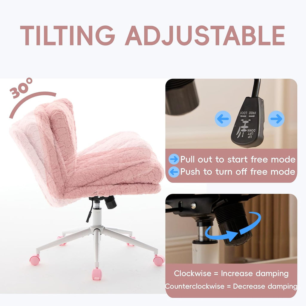 Upgraded Plush Faux Fur Criss Cross Office Vanity & Desk Chair with White Metal Base – Extra-Wide Seat & Tilt Backrest, Adjustable Swivel Makeup Chair for Bedroom, Study & Home Office, Pale Pink