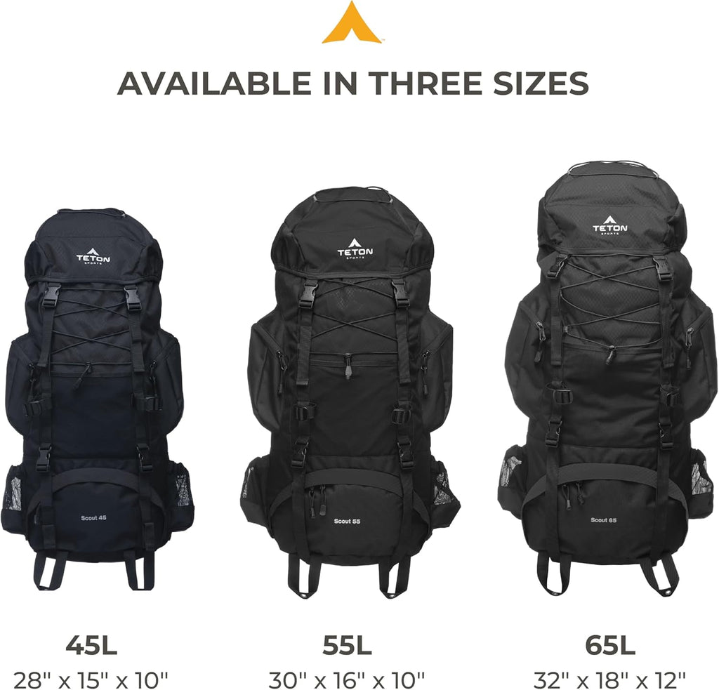 Teton 65L Scout Internal Frame Backpack for Hiking, Camping, Backpacking, Travel, Rain Cover Included, Buck Brown