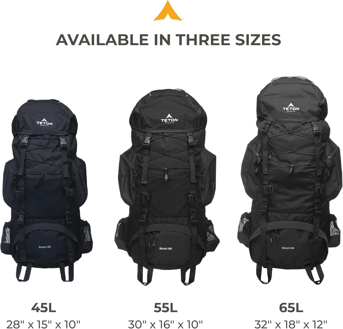 Teton 65L Scout Internal Frame Backpack for Hiking, Camping, Backpacking, Travel, Rain Cover Included, Black