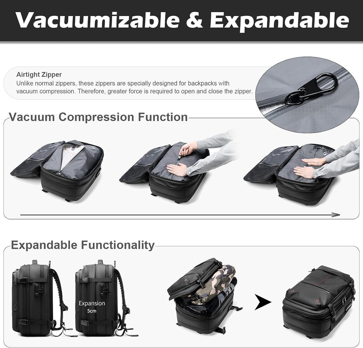Somago Vacuumable Backpack Expandable Water-resistant Travel Bag with Air Pump Multifunctional Rucksack Backpack with TSA Lock Anti-thief Pocket Fit for 17 Inch Laptop