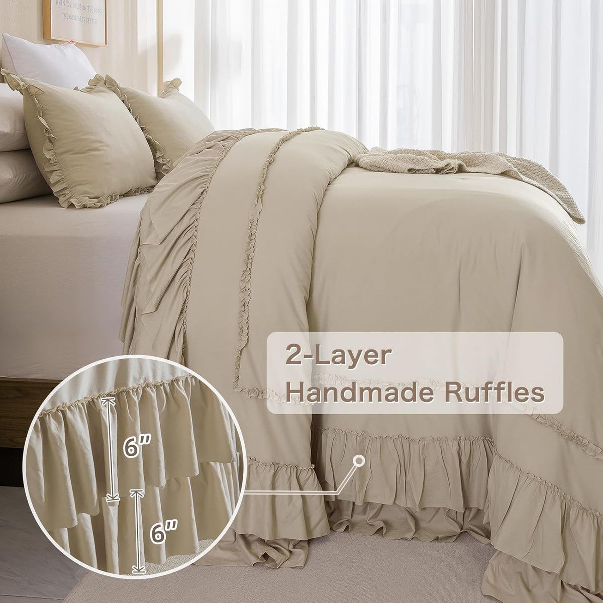 Masaca 120x120 Oversized Comforter King Size,Farmhouse Shabby Boho Chic Ruffle California King Bed Comforter Set French Country Rustic Bedding 3PCS (1 Ruffled Comforter+2 Pillow Shams)